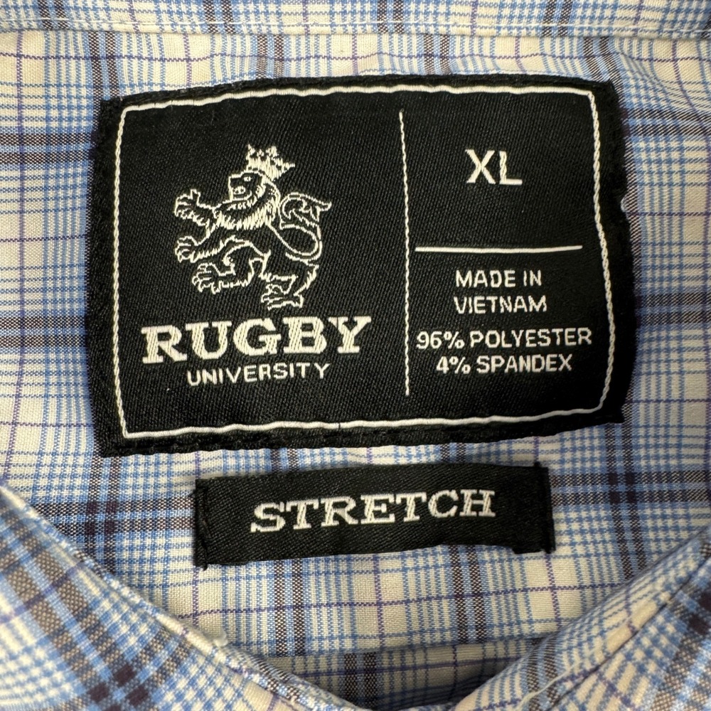 Rugby University Men's Blue White Plaid Stretch Long Sleeve Button Down Shirt XL - Picture 2 of 9